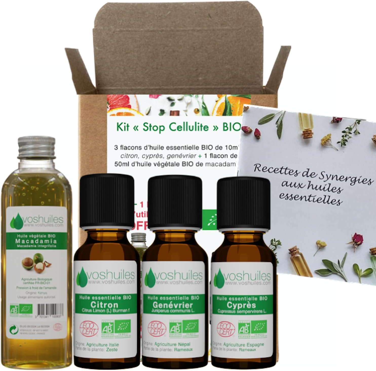 VOSHUILES - Kit Stop Cellulite - 3 Huiles Essentielles + 1 Végétale Bio - 100% Pure et Naturelle - HEBBD, Ecocert - Cyprès, Citron, Genévrier, Macadamia