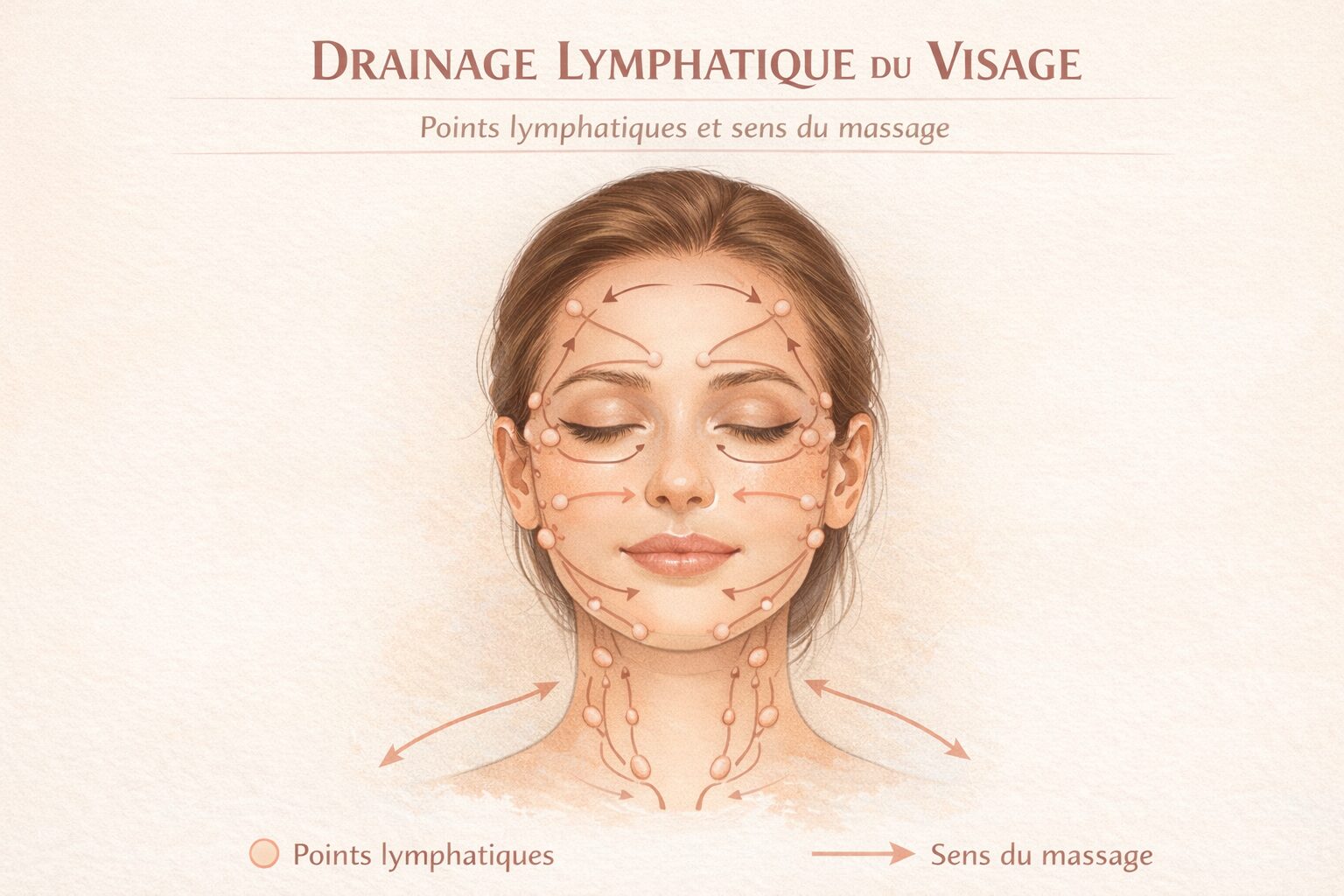Schéma drainage lymphatique visage : points lymphatiques et sens du massage